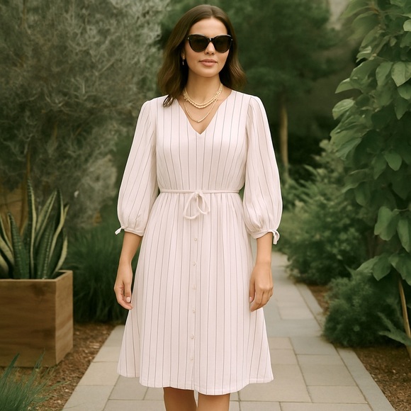 Calvin Klein Blush Pink Stripe Midi Dress | Size 12 | NWT - Picture 1 of 15